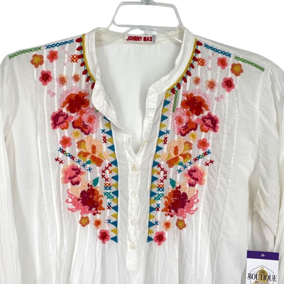 Johnny Was Tunic Blouse Floral Embroidery White Boho Artsy Romantic Feminine L - Picture 2 of 11